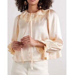 DOEN Ingrid Candlelight 100% Silk Lace Ruffle Collar Button Front Blouse Cream L